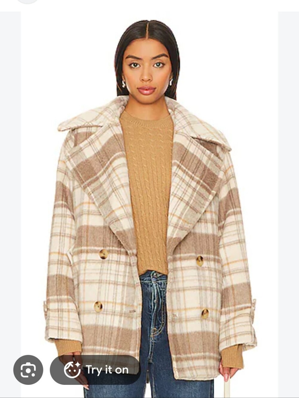 Free People Highlands Cream & Brown Plaid Wool Blend Peacoat Size M FITS LARGE